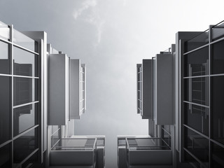 Poster - 3D stimulate of high rise modern glass building with steel window system on blue clear sky background,Business concept of future architecture,lookup to the angle of the corner building.3d rendering
