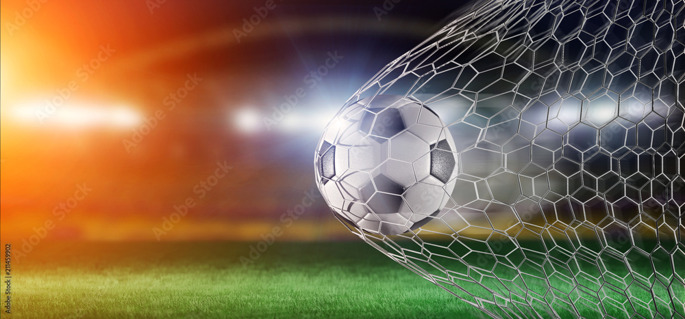 Football ball in the net of a goal - 3d rendering - obrazy, fototapety, plakaty 