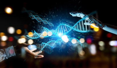 Aufkleber - White cyborg hand scanning human DNA 3D rendering