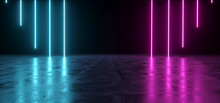 Futuristic Sci-Fi Abstract Blue And Purple Neon Light Shapes On Black Background And Reflective Concrete With Empty Space For Text 3D Rendering