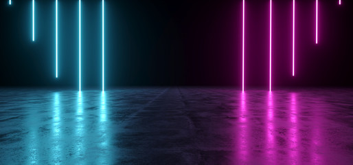 futuristic sci-fi abstract blue and purple neon light shapes on black background and reflective conc