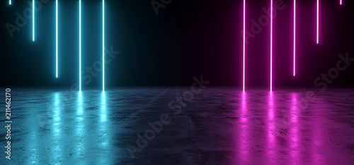 Fotografie, Tablou  Futuristic Sci-Fi Abstract Blue And Purple Neon Light Shapes On Black Background