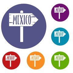 Poster - Mexico wooden direction arrow sign icons set in flat circle red, blue and green color for web