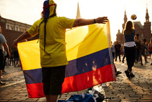 A Football Fan From Colombia Standing On The Red Square In Moscow During The World Cup Posing To A Photographer