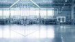 Slightly blurred and defocused background for your design. Piece of empty typical industrial space. Concept of manufacture, warehouse, storage, factory space. Copy space. 