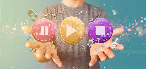 Poster - Man holding a Music button and notes playing  3d rendering