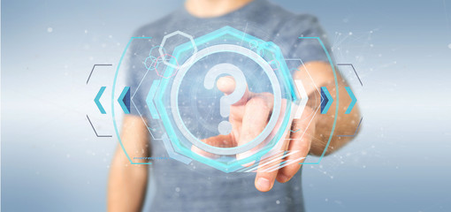 Poster - Man holding a Technology question mark icon on a circle 3d rendering