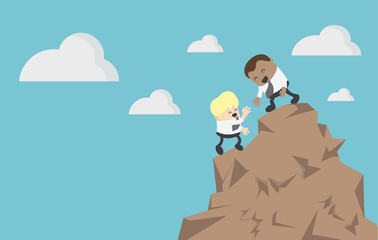 Concept business Help and assistance concept two businessman climbing on mountain and helping