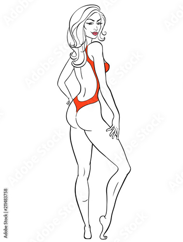 Illustration Of Sexy Pinup Girl Standing In Body Dress Buy This