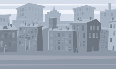 Wall Mural - Cartoon cityscape. Old city skyline vector background. Urban city tower skyline illustration, isolated
