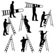 Set of silhouettes of worker with stepladder.