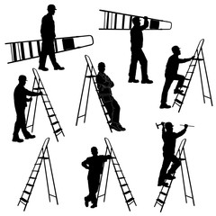 Wall Mural - Set of silhouettes of worker with stepladder.