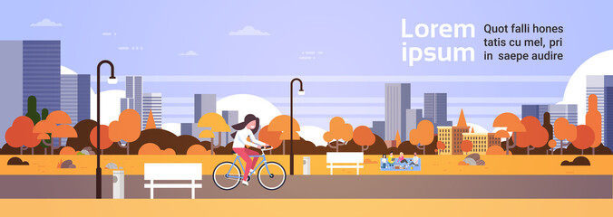 urban autumn park outdoors woman cycling people relaxing picnic street lamps cityscape concept horizontal banner flat copy space vector illustration