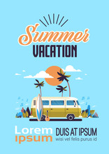 Summer Vacation Surf Bus Sunset Tropical Beach Retro Surfing Vintage Greeting Card Vertical With Lettering Template Poster Flat Vector Illustration
