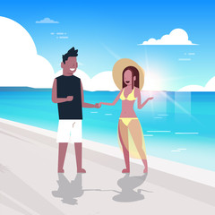 Wall Mural - couple man woman sunrise beach summer vacation mix race smiling walking seaside sea ocean flat vector illustration