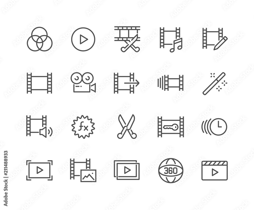 Simple Set of Video Editing Related Vector Line Icons. Contains such Icons as Filters, Frame Rate and more. Editable Stroke. 48x48 Pixel Perfect. - obrazy, fototapety, plakaty 