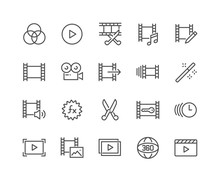 Simple Set Of Video Editing Related Vector Line Icons. Contains Such Icons As Filters, Frame Rate And More. Editable Stroke. 48x48 Pixel Perfect.