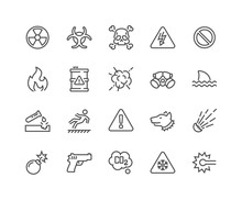 Simple Set Of Warnings Related Vector Line Icons. Contains Such Icons As Toxic, Explosive, Flammable And More. Editable Stroke. 48x48 Pixel Perfect.