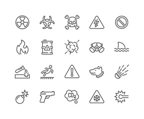 simple set of warnings related vector line icons. contains such icons as toxic, explosive, flammable