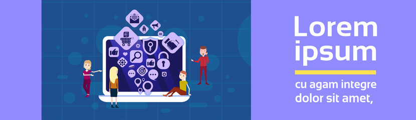 Poster - laptop man woman team working network applications icons social media networking concept for design 