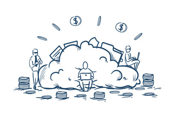 Poster - Cloud data storage businesspeople working internet business service concept money dollar coin stack over white background sketch doodle vector illustration