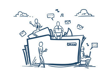 Poster - Cloud data storage folder file sharing service concept businesspeople working together over white background sketch doodle vector illustration