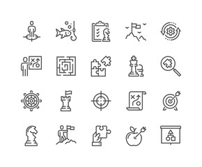 simple set of business strategy related vector line icons. contains such icons as target audience, r