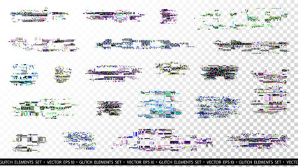 Fototapete - Glitch elements set. Computer screen error templates. Digital pixel noise abstract design. Poster design pixel details. Glitches collection. TV signal fail. Data decay. Technical problem grunge.