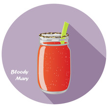 Vector Illustration Of Bloody Mary Vodka And Tomato Juice Cocktail In Mason Jar With Celery Garnish And Long Shadow Design. 