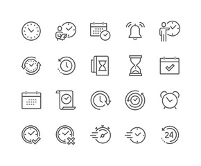 simple set of time related vector line icons. contains such icons as time inspection, log, calendar 