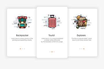 Wall Mural - Onboarding screens design in Travel bags concept. Modern and simplified vector illustration, Template for mobile apps.