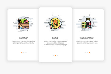 Wall Mural - Onboarding screens design in Food concept. Modern and simplified vector illustration, Template for mobile apps.