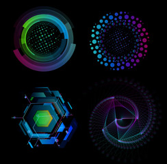 Aufkleber - Science innovation icons, new technology, digital future, smart factory icon, automated robotic factory, digital nano technology, unusual isolated shapes set, abstract modern design, vector logotype.