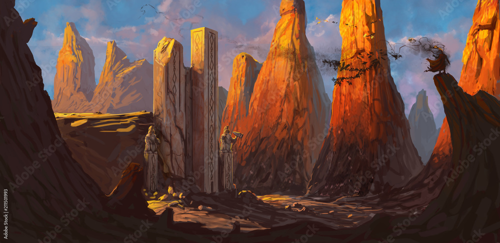 Ruined fortress in a rocky desert being overrun by a dangerous evil character - digital fantasy painting - obrazy, fototapety, plakaty 