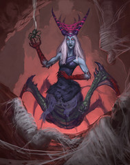 Sticker - half woman half spider creature in a dark red cave - Digital fantasy painting