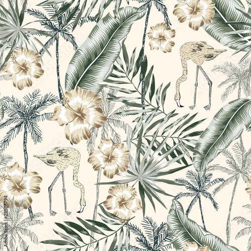 Naklejka na szybę Tropical flamingo birds, hibiscus flowers, palm trees, banana leaves background. Vector seamless pattern. Jungle illustration. Exotic plants. Summer beach floral design. Paradise nature graphic