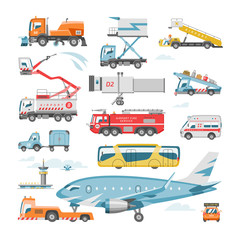 Wall Mural - Airport vehicle vector aviation transport in terminal and truck airplane or airliner illustration set of flight service cargo and bus or catering-vehicle transportation isolated on white background