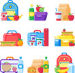 Kids school lunch box. Schoolkid meal bag for dinner. Red apple, milk snack dinners in children food boxes flat vector set