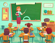 Classroom with kids. Teacher or professor teaches students in elementary school class. Student learn on lessons vector illustration