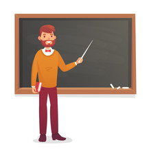 Chalkboard And Professor. College Or University Teacher Teach At Blackboard. Academic Teaching Cartoon Vector Illustration