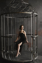 Beautiful, Sexy And Fashionable Brunette Model Girl In Long Black Dress And Bright Silver Shoes Sits On A Hanging Swing And Posing Inside A Giant Birdcage