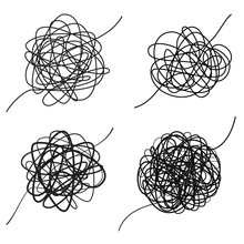 Set Of Complicated Black Line Way. Chaotic Texture.  Hand Drawn Tangle Of Tangled Thread. Sketch Spherical Abstract Scribble Shape. Vector Illustration Isolated On White Background