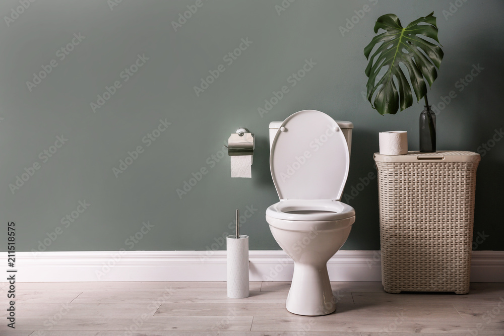 New ceramic toilet bowl in modern bathroom - obrazy, fototapety, plakaty 