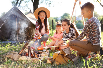 Wall Mural - little children frying sausages on bonfire. summer camp