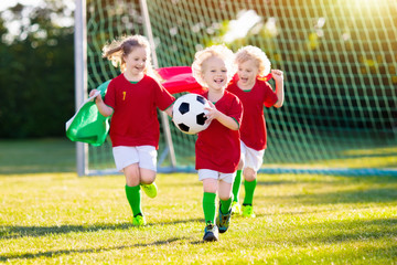 Poster - Portugal football fan kids. Children play soccer.