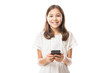 © AntonioDiaz - Portrait of a smiling latin girl using smartphone isolated on a white background