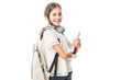 © AntonioDiaz - Student in white t-shirt with backpack and headphones smiling holding books