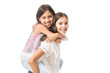 © AntonioDiaz - Cute young sister hugging older sister on white background