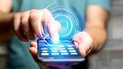 Poster - Businessman using a Shinny technologic computer button on a smartphone - 3d render
