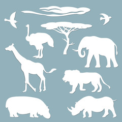 Wall Mural - Set template for laser cutting and Plotter. Vector illustration. Animal sticker set - cloud, bird, tree, Hippo, ostrich, giraffe, lion, Rhino